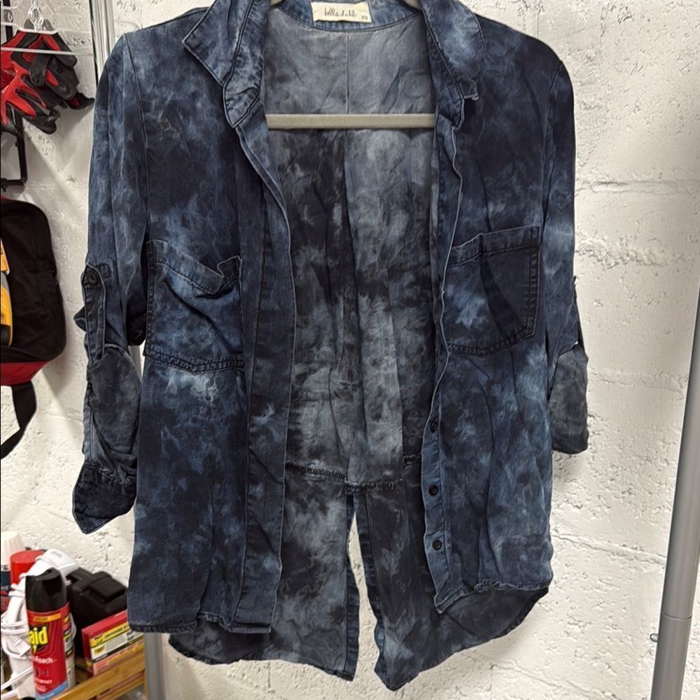 Bella Dahl Blue Jean Lightweight Jacket with Artistic Tie Dye Back Slit Size XS